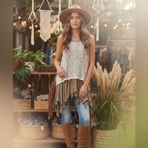 🌿 Ryu Boho Lace & Layered Ruffle Tank Top – Romantic & Flowy 🌿